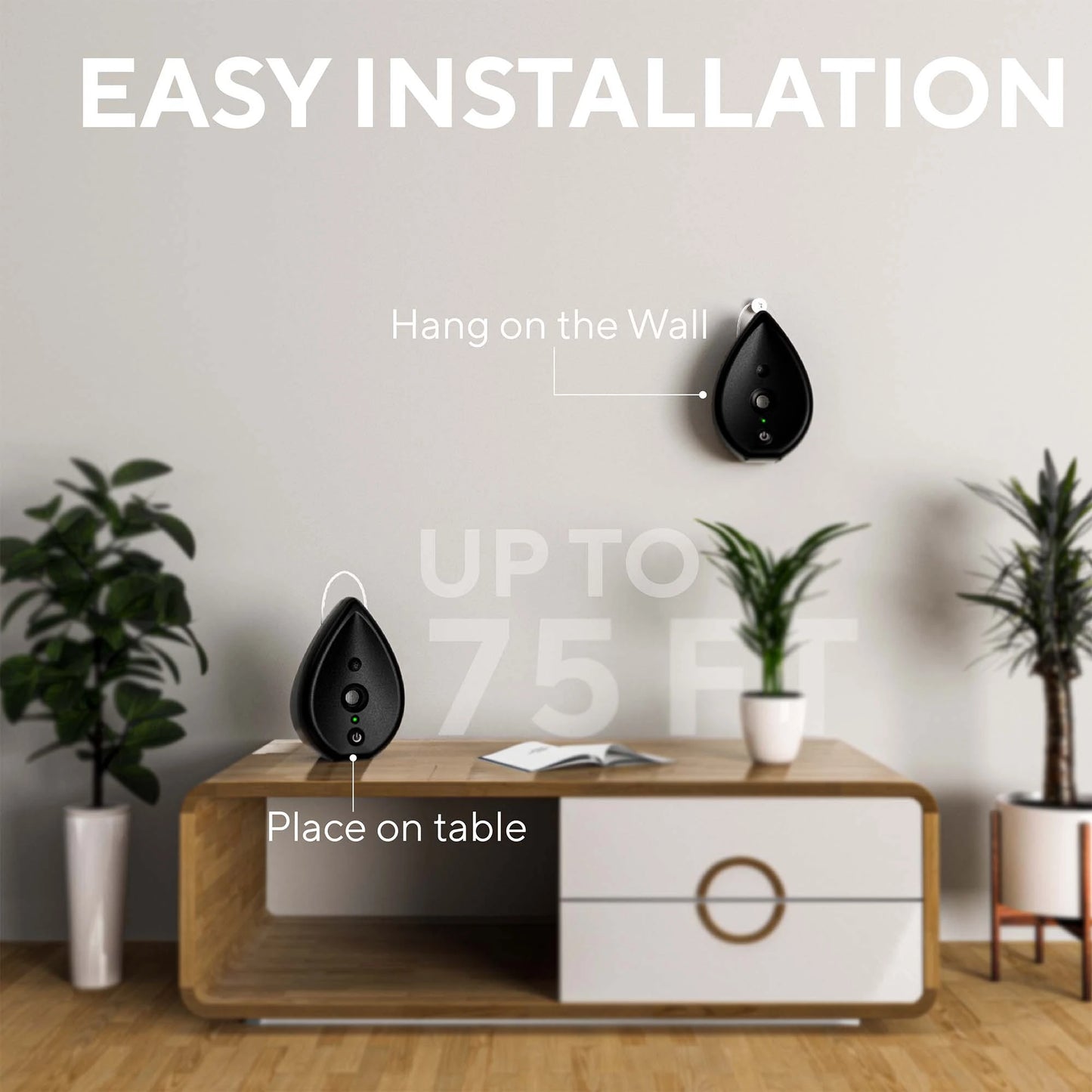 Anti-barking device mounted on a wall and placed on a table with up to 75-foot range.